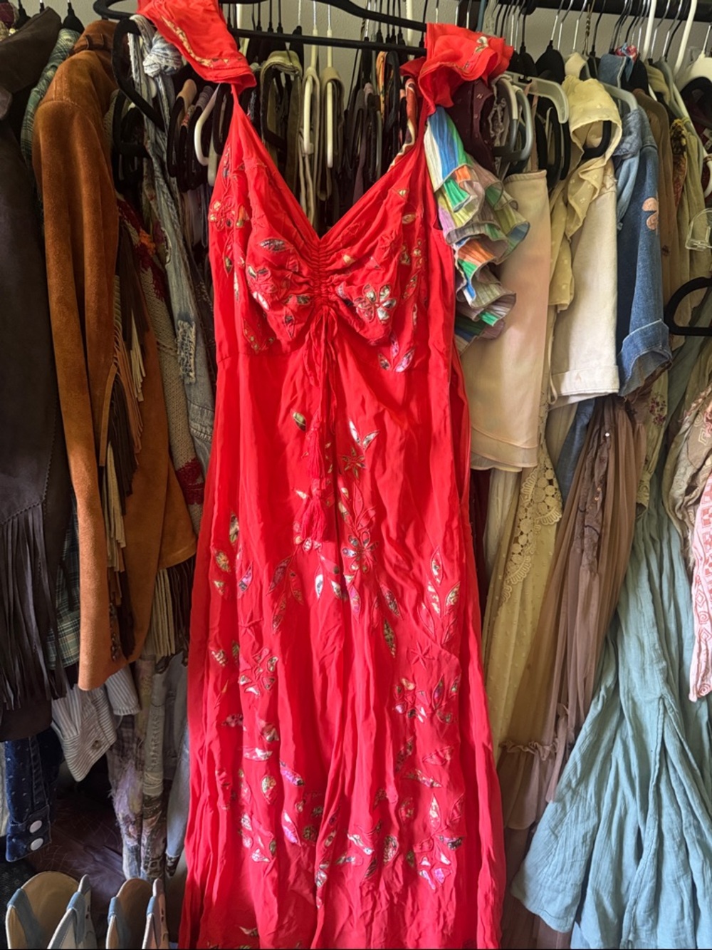 FARM Rio Vibrant Red/orange Embroidered Maxi Dress